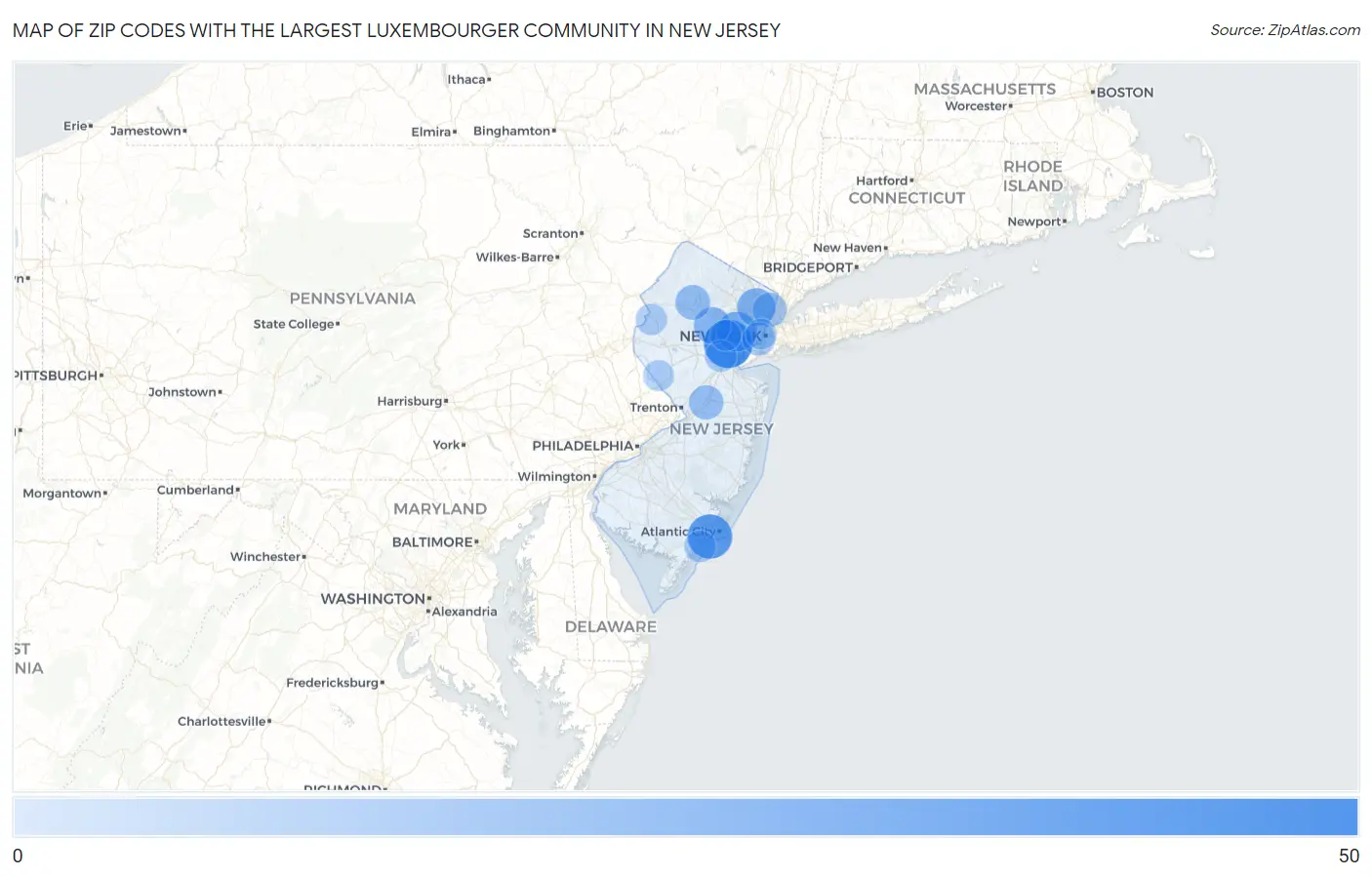 Zip Codes with the Largest Luxembourger Community in New Jersey Map