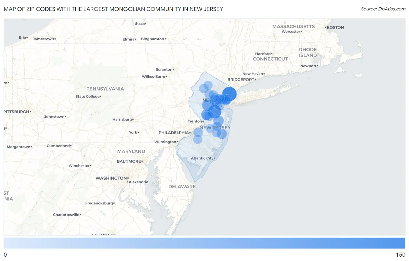 Zip Codes with the Largest Mongolian Community in New Jersey Map