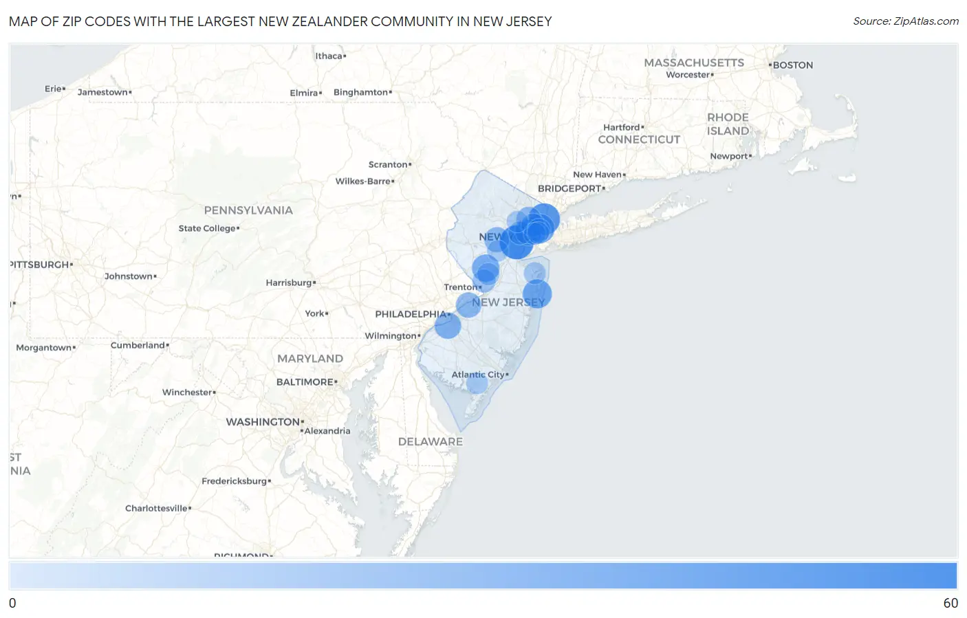 Zip Codes with the Largest New Zealander Community in New Jersey Map