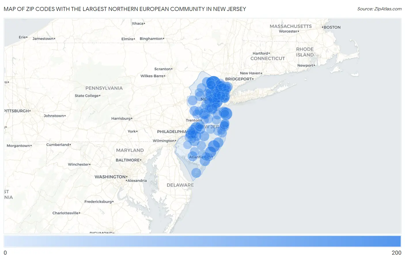 Zip Codes with the Largest Northern European Community in New Jersey Map