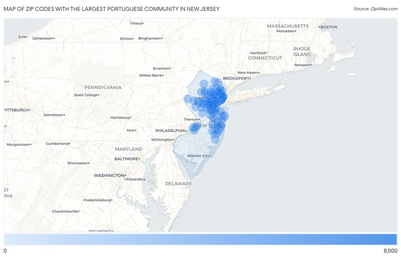 Zip Codes with the Largest Portuguese Community in New Jersey Map