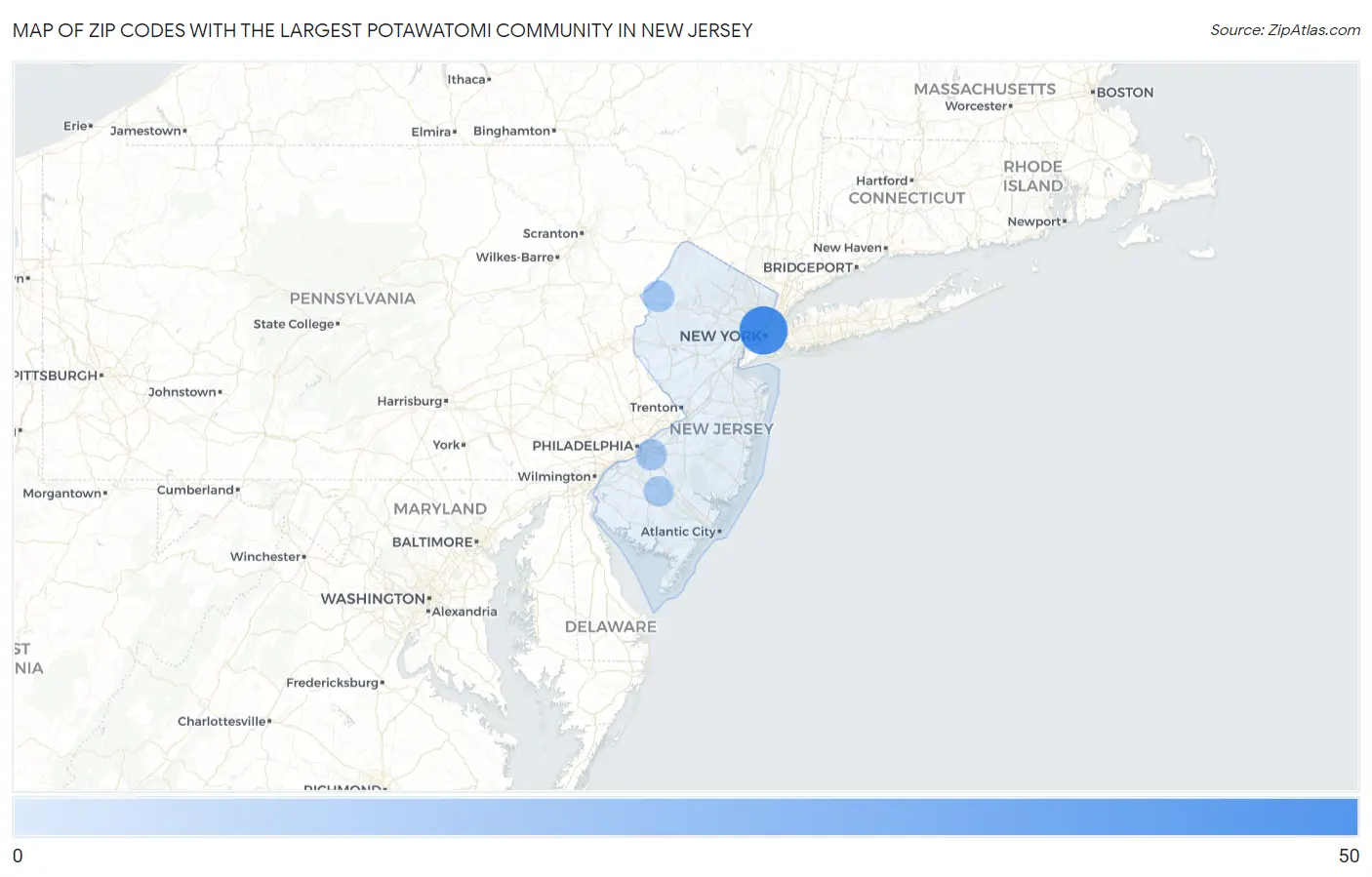 Zip Codes with the Largest Potawatomi Community in New Jersey Map
