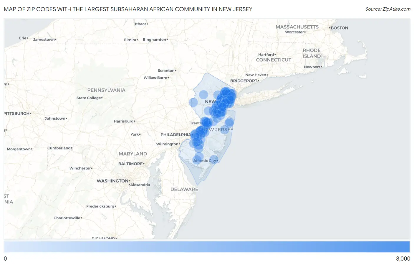 Zip Codes with the Largest Subsaharan African Community in New Jersey Map