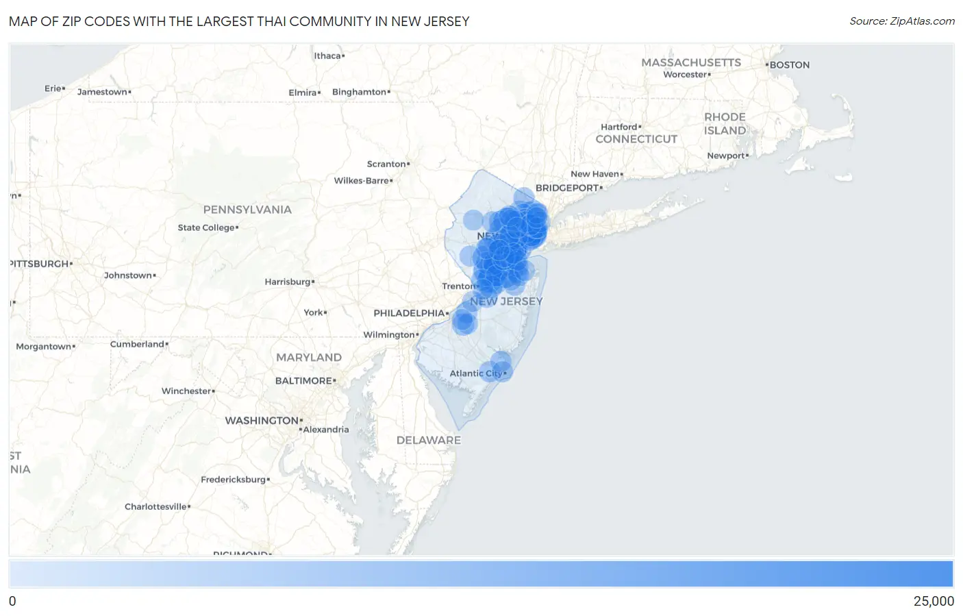 Zip Codes with the Largest Thai Community in New Jersey Map
