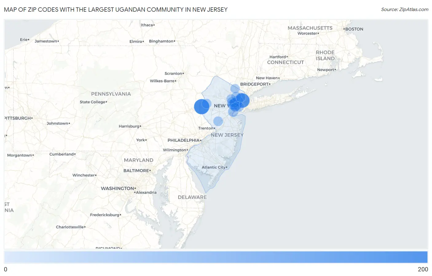 Zip Codes with the Largest Ugandan Community in New Jersey Map