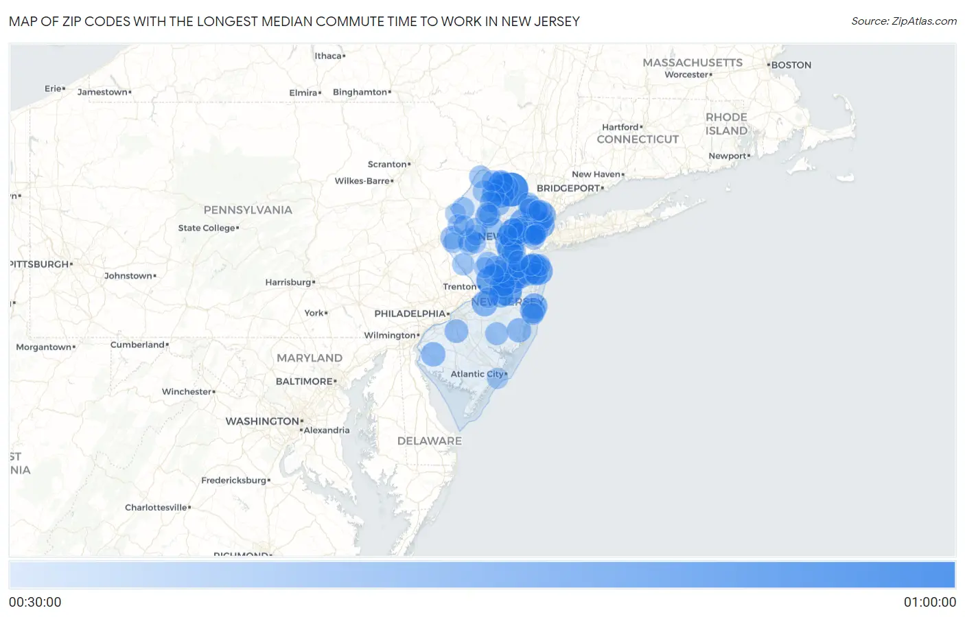 Zip Codes with the Longest Median Commute Time to Work in New Jersey Map