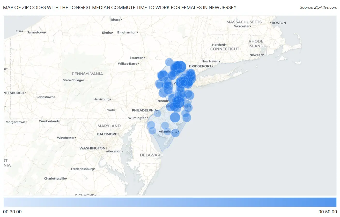 Zip Codes with the Longest Median Commute Time to Work for Females in New Jersey Map