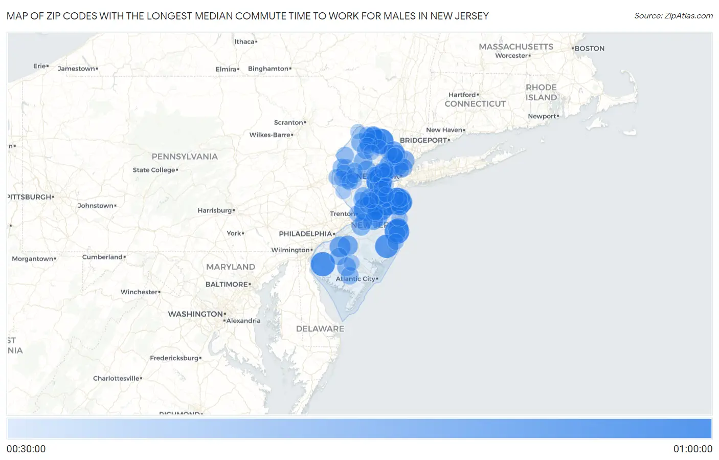 Zip Codes with the Longest Median Commute Time to Work for Males in New Jersey Map