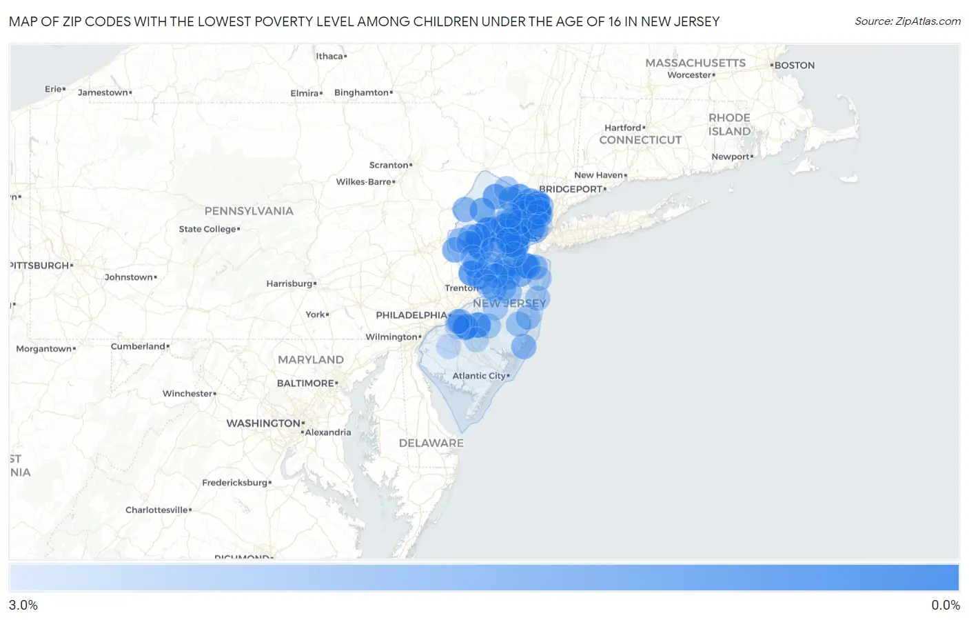 Zip Codes with the Lowest Poverty Level Among Children Under the Age of 16 in New Jersey Map