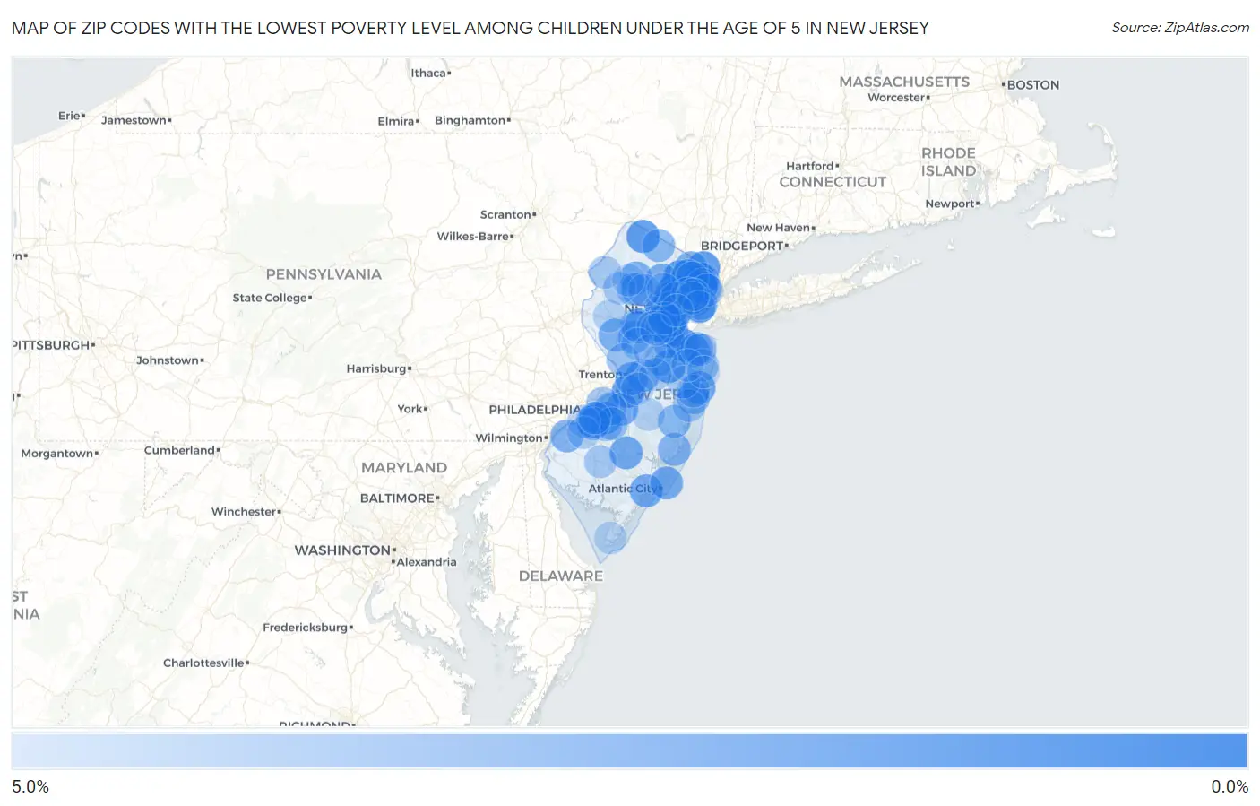 Zip Codes with the Lowest Poverty Level Among Children Under the Age of 5 in New Jersey Map