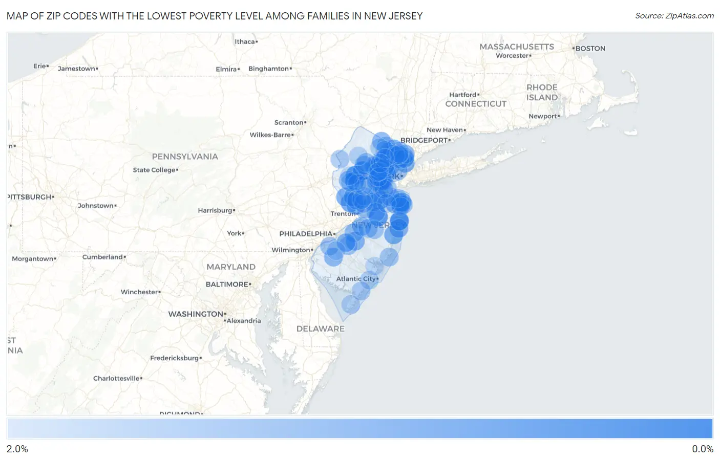 Zip Codes with the Lowest Poverty Level Among Families in New Jersey Map