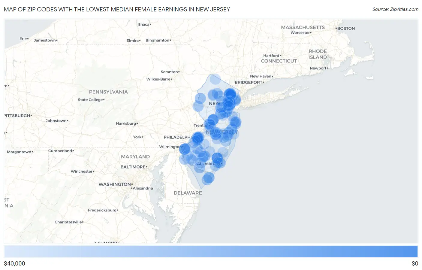 Zip Codes with the Lowest Median Female Earnings in New Jersey Map