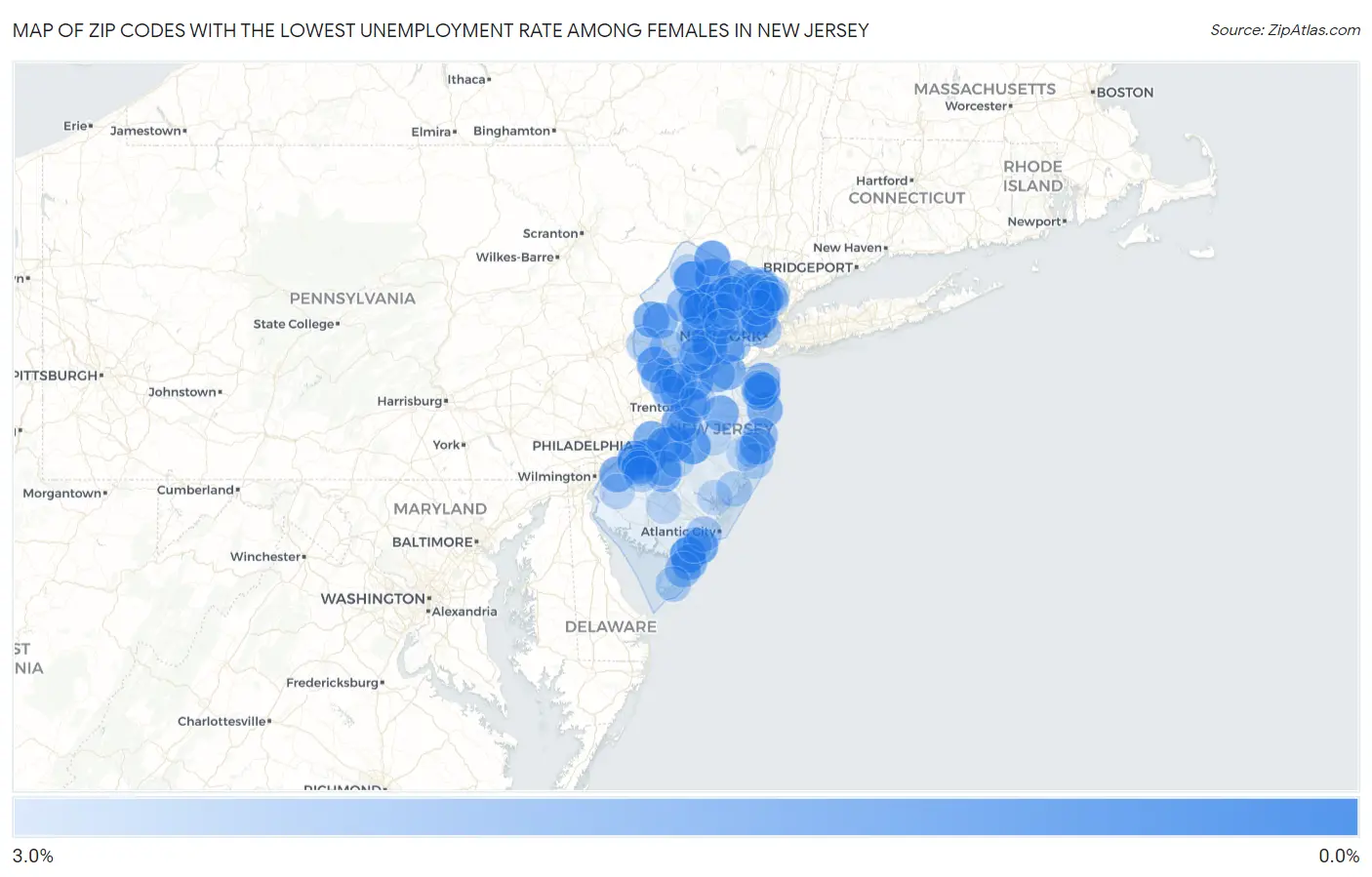 Zip Codes with the Lowest Unemployment Rate Among Females in New Jersey Map