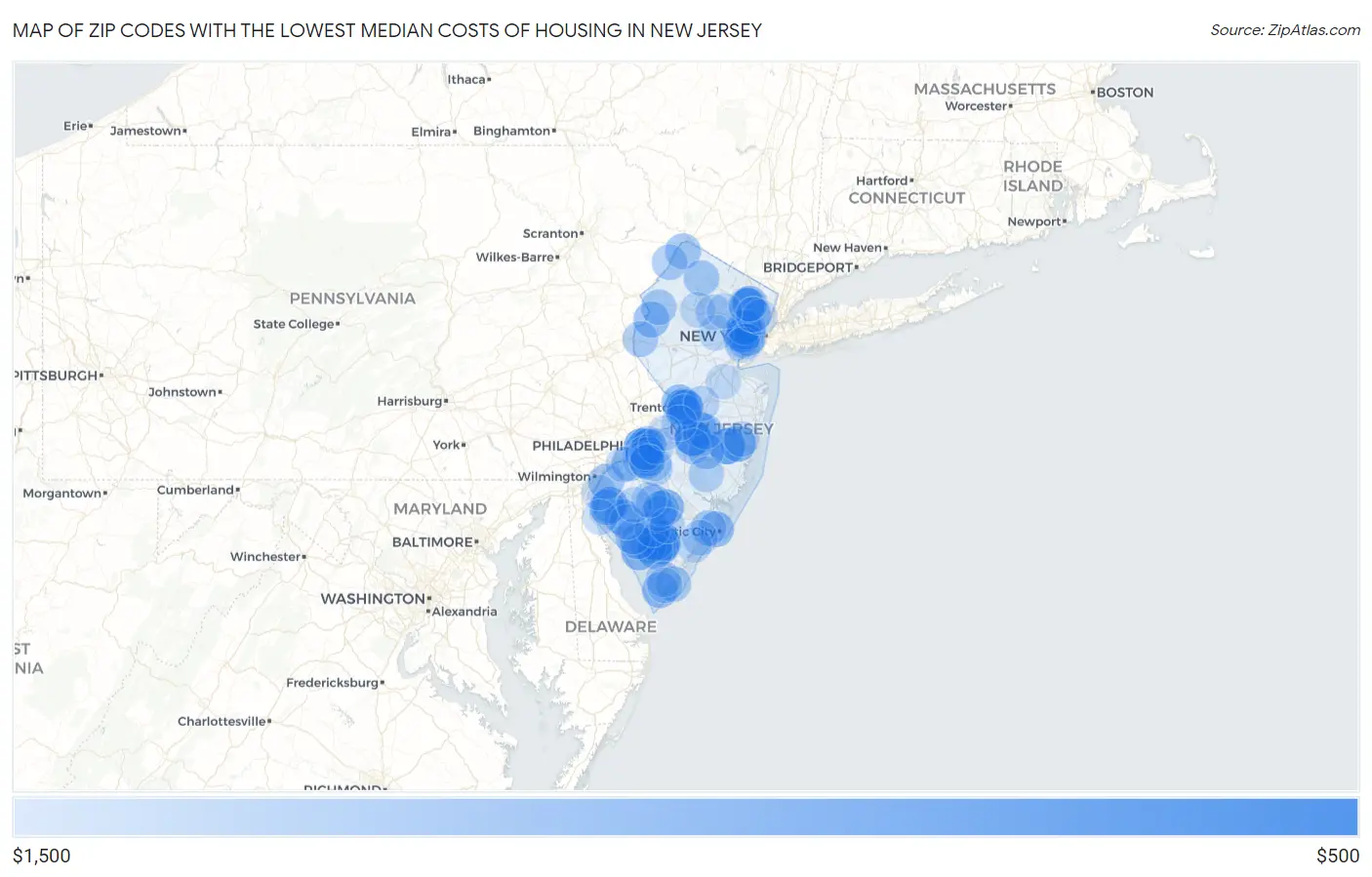 Zip Codes with the Lowest Median Costs of Housing in New Jersey Map