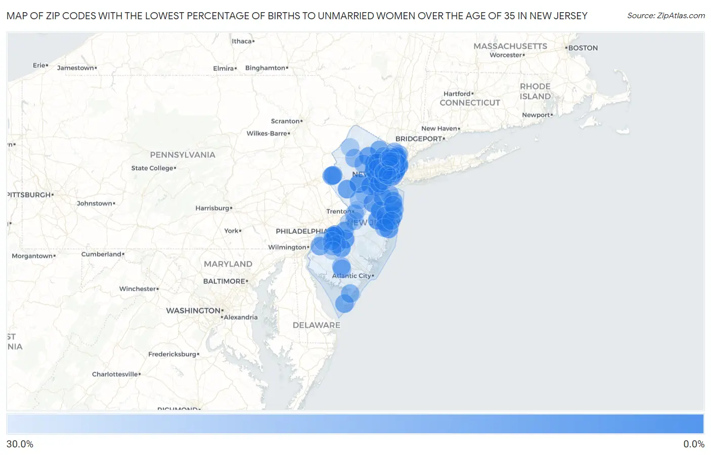 Zip Codes with the Lowest Percentage of Births to Unmarried Women over the Age of 35 in New Jersey Map