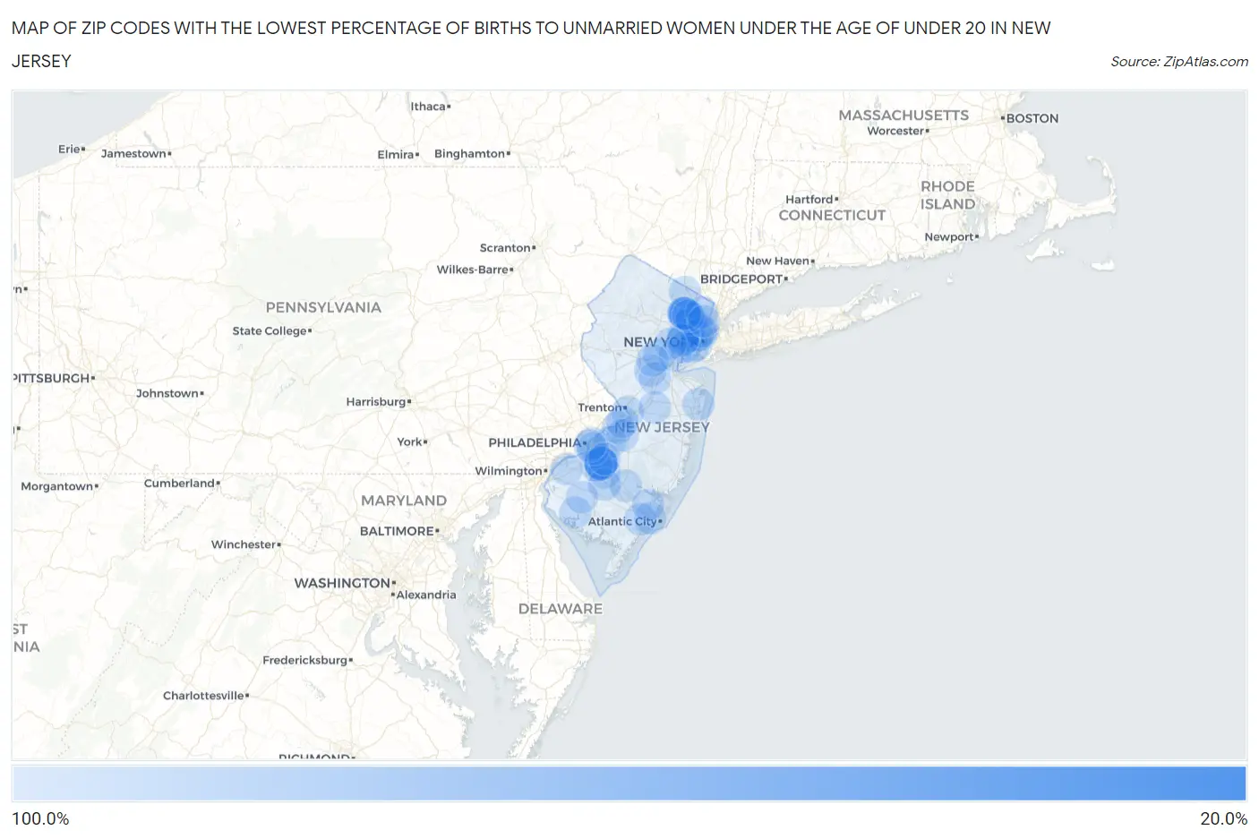 Zip Codes with the Lowest Percentage of Births to Unmarried Women under the Age of under 20 in New Jersey Map