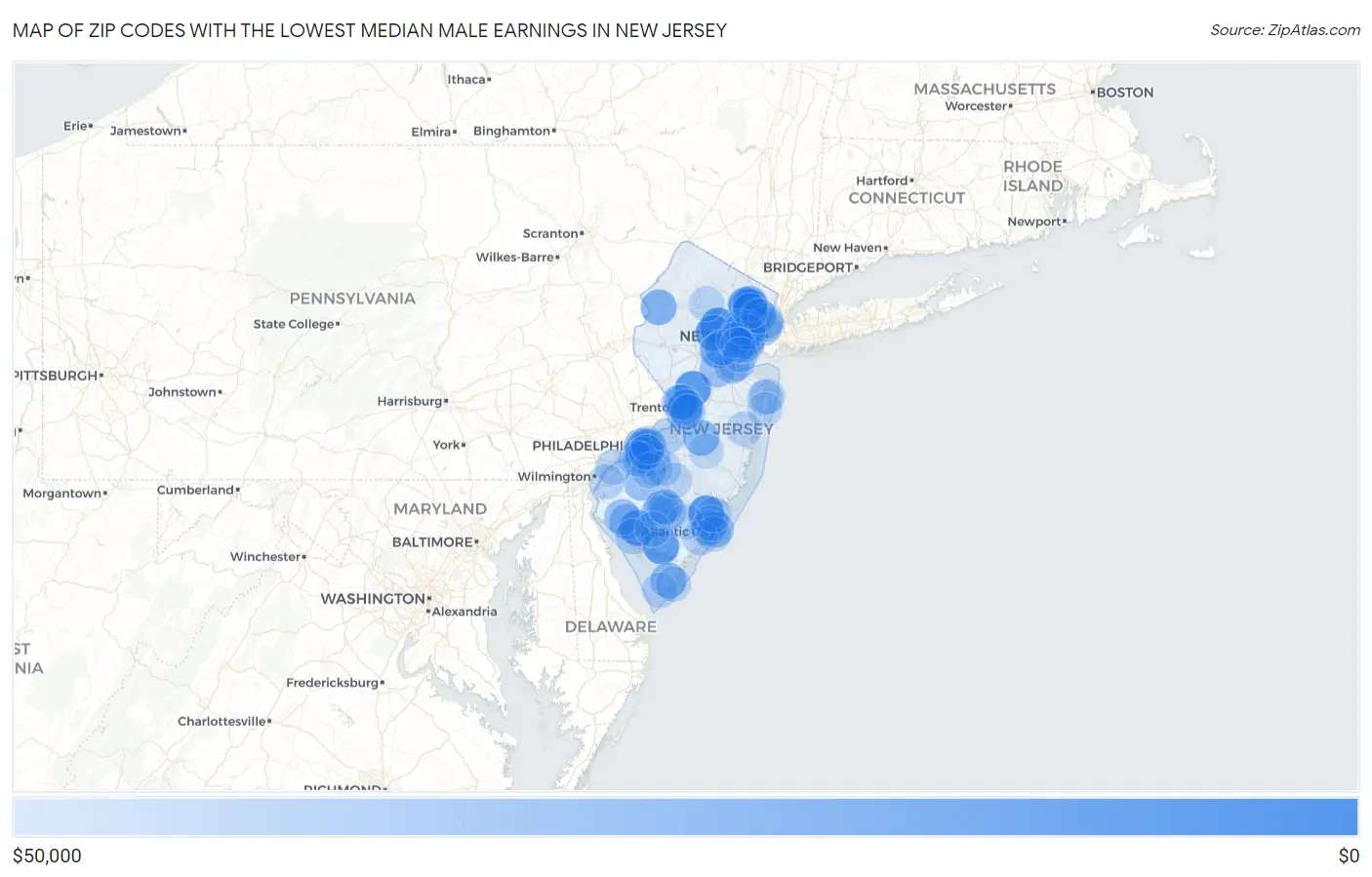 Zip Codes with the Lowest Median Male Earnings in New Jersey Map