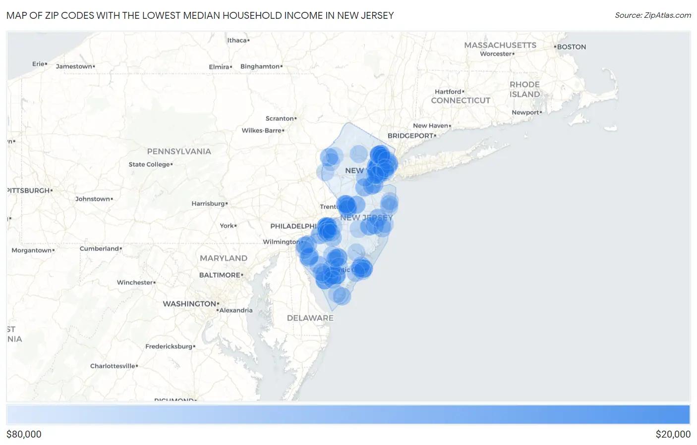 Zip Codes with the Lowest Median Household Income in New Jersey Map