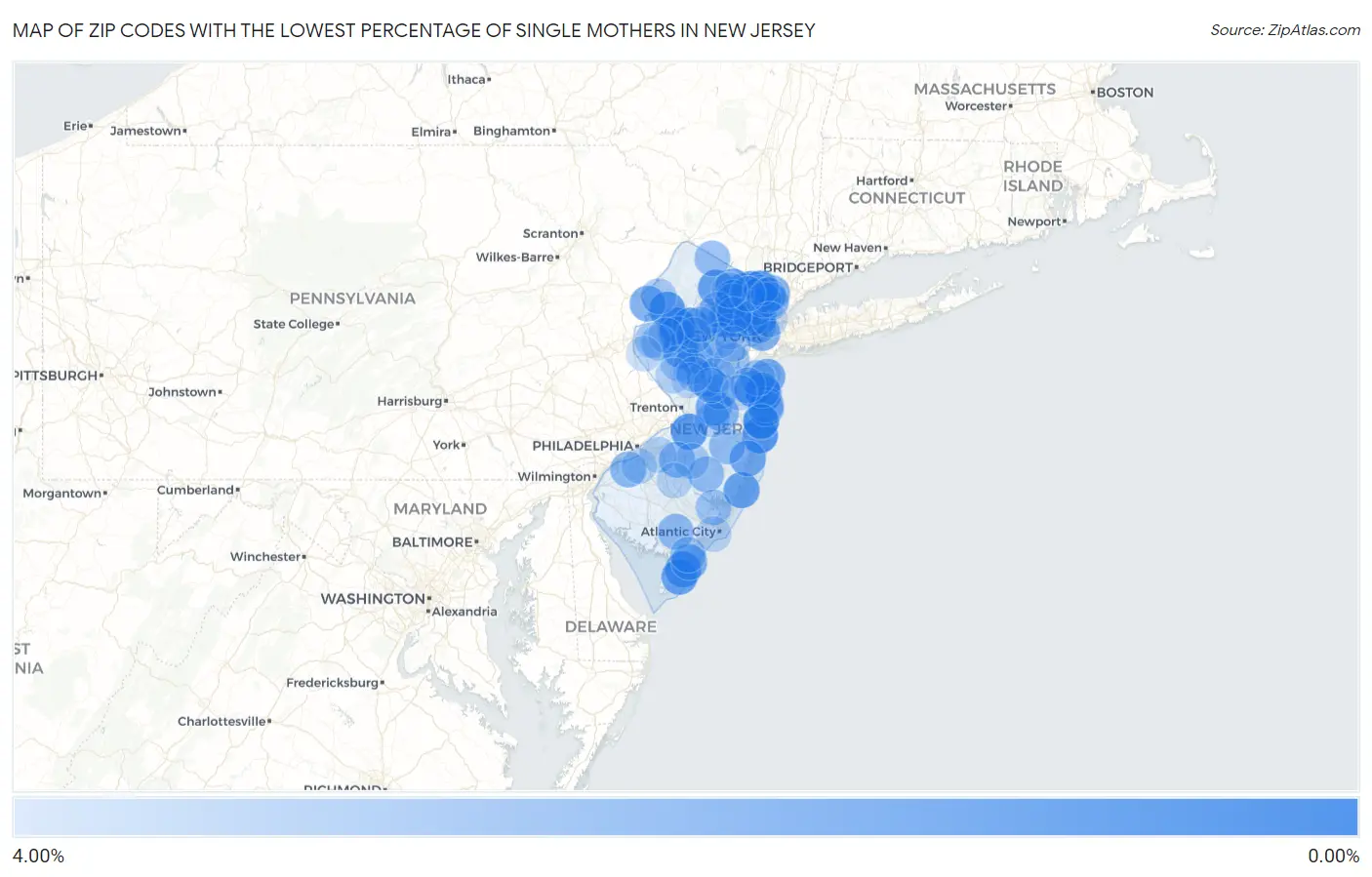 Zip Codes with the Lowest Percentage of Single Mothers in New Jersey Map