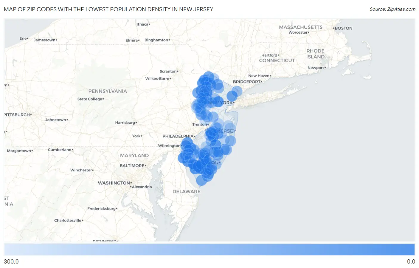 Zip Codes with the Lowest Population Density in New Jersey Map