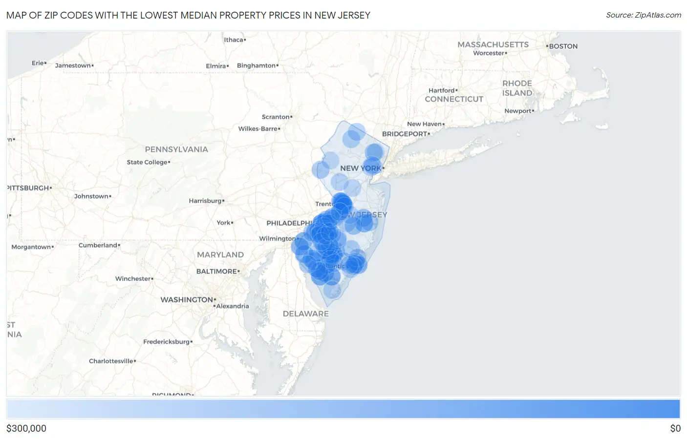 Zip Codes with the Lowest Median Property Prices in New Jersey Map