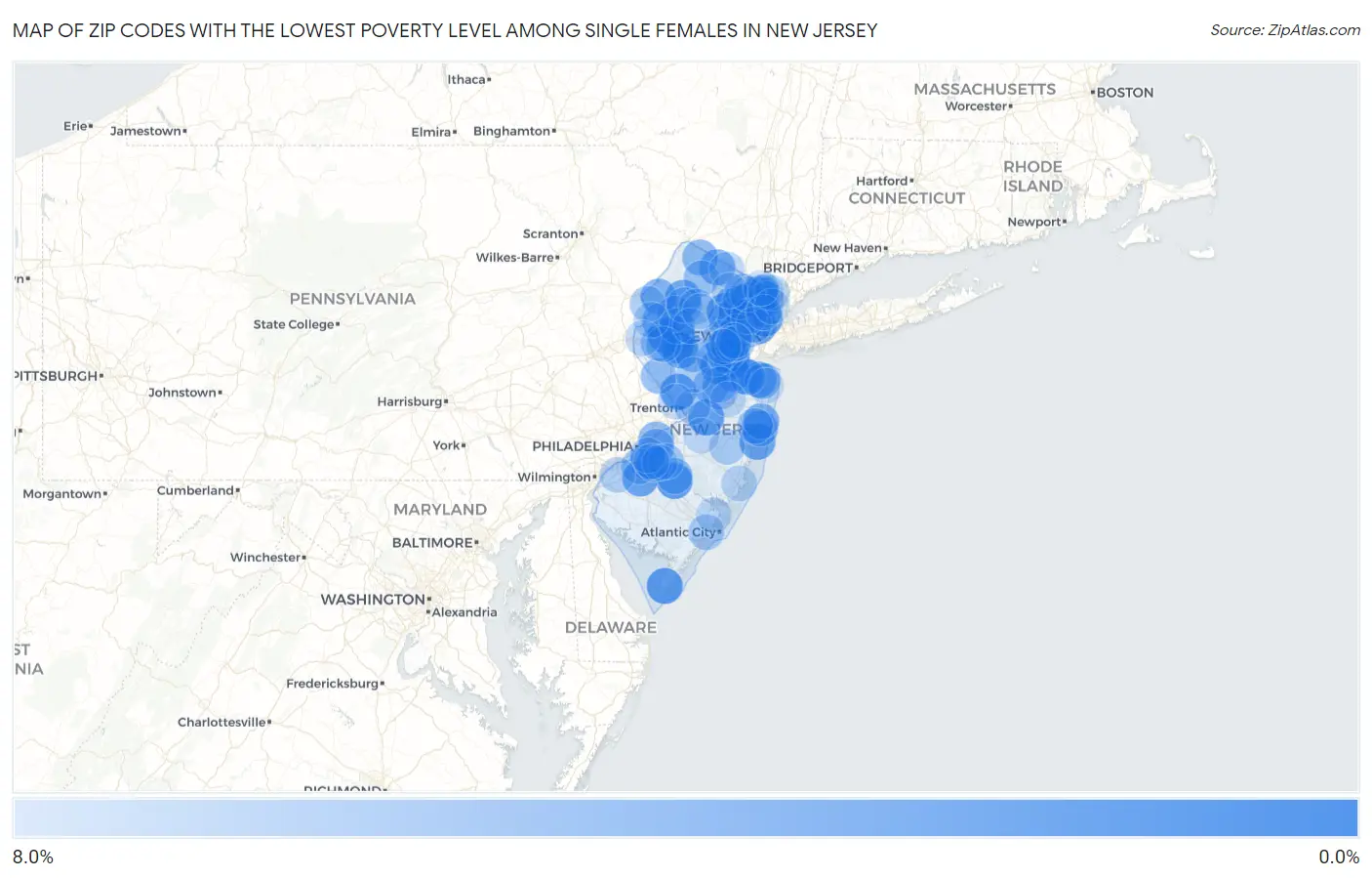 Zip Codes with the Lowest Poverty Level Among Single Females in New Jersey Map