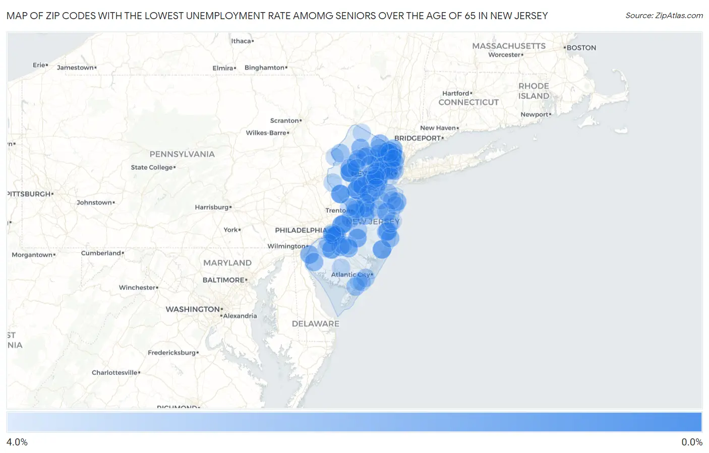 Zip Codes with the Lowest Unemployment Rate Amomg Seniors Over the Age of 65 in New Jersey Map