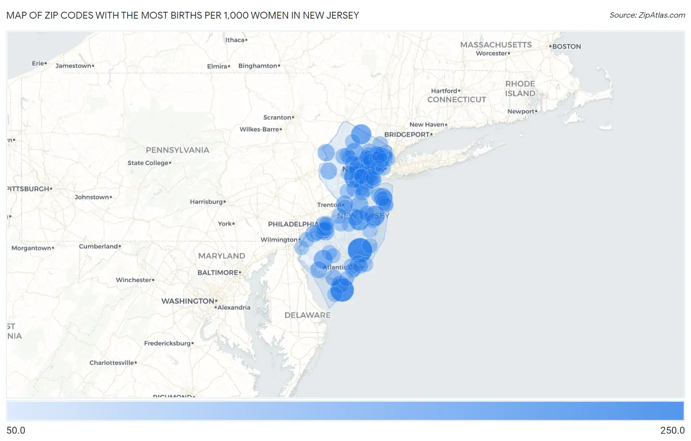 Zip Codes with the Most Births per 1,000 Women in New Jersey Map