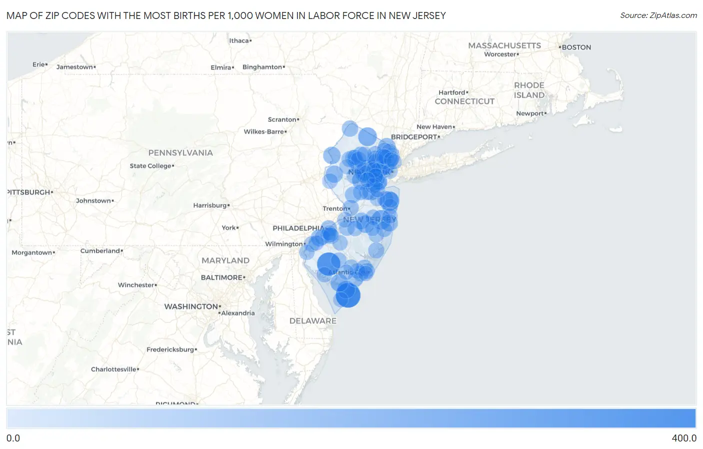 Zip Codes with the Most Births per 1,000 Women in Labor Force in New Jersey Map