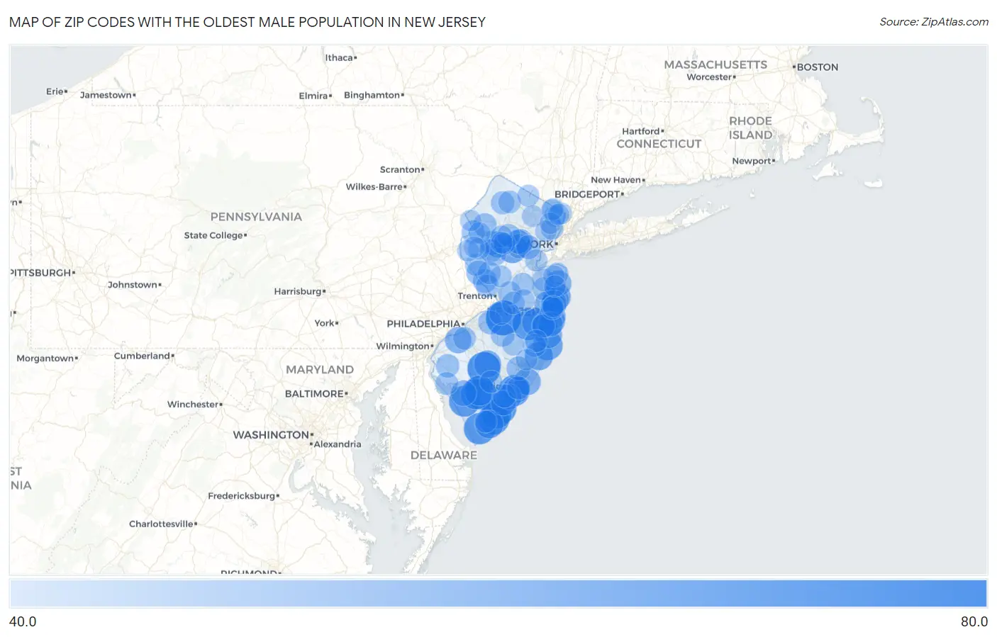 Zip Codes with the Oldest Male Population in New Jersey Map