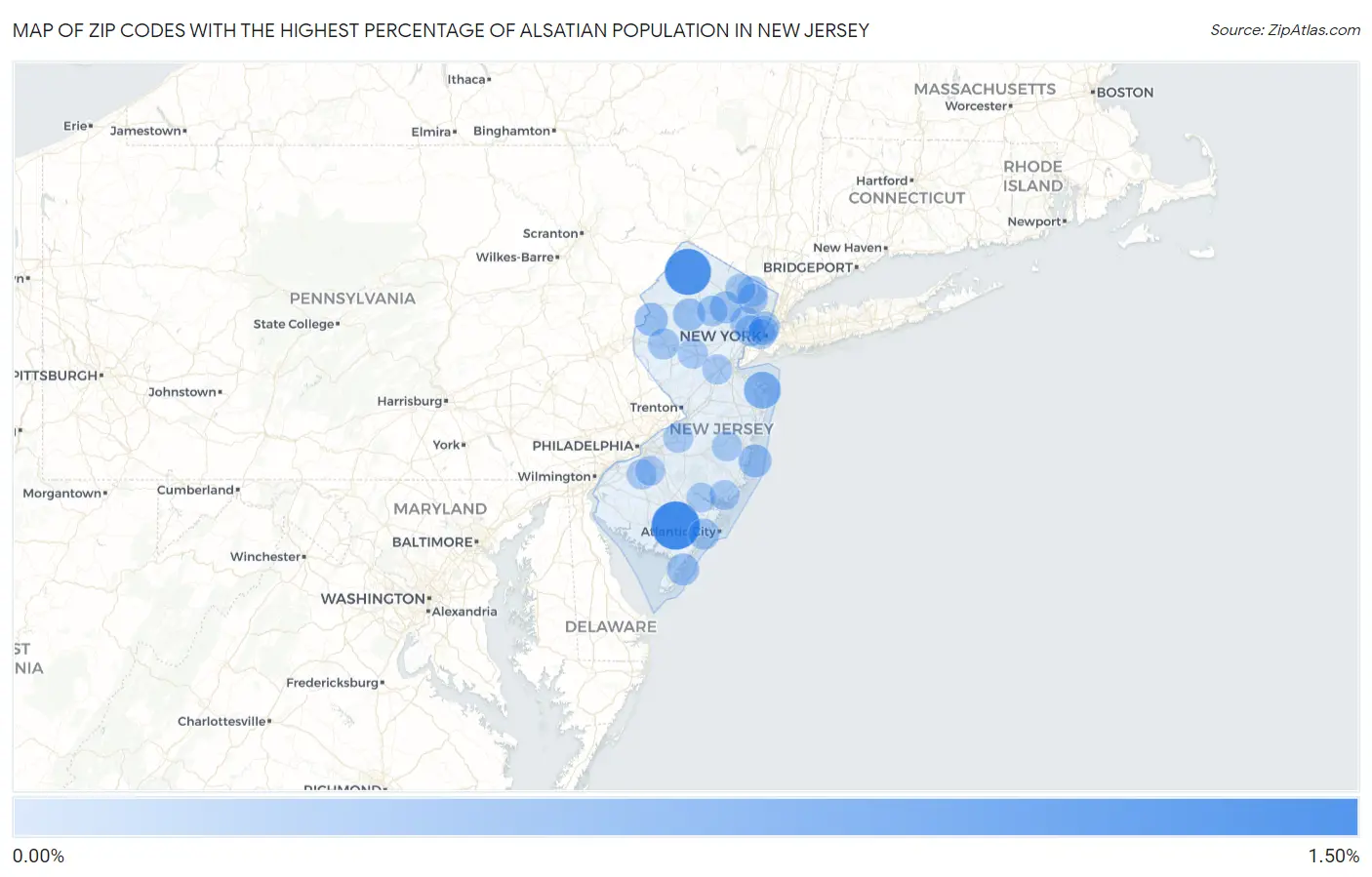 Zip Codes with the Highest Percentage of Alsatian Population in New Jersey Map