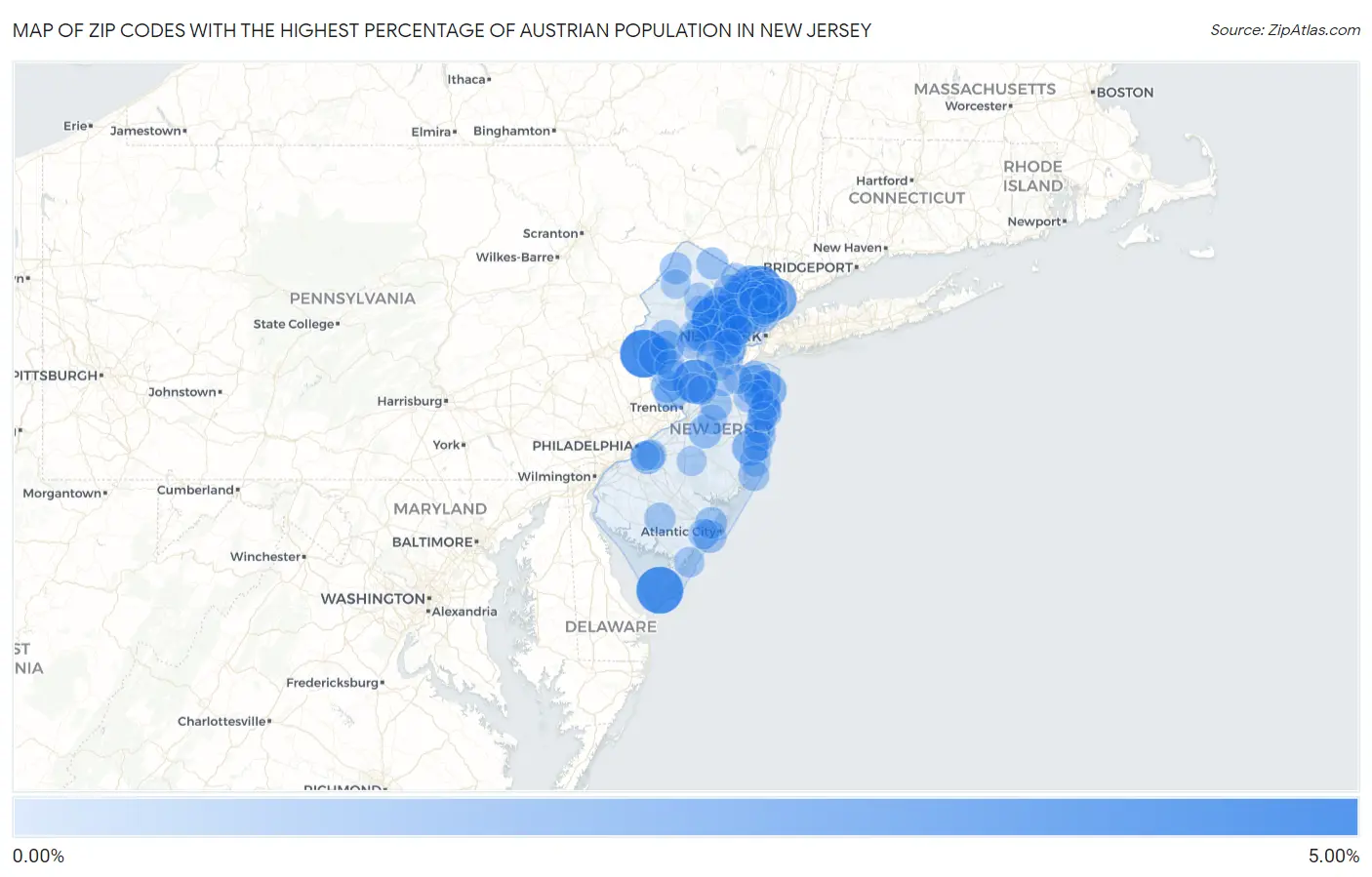 Zip Codes with the Highest Percentage of Austrian Population in New Jersey Map