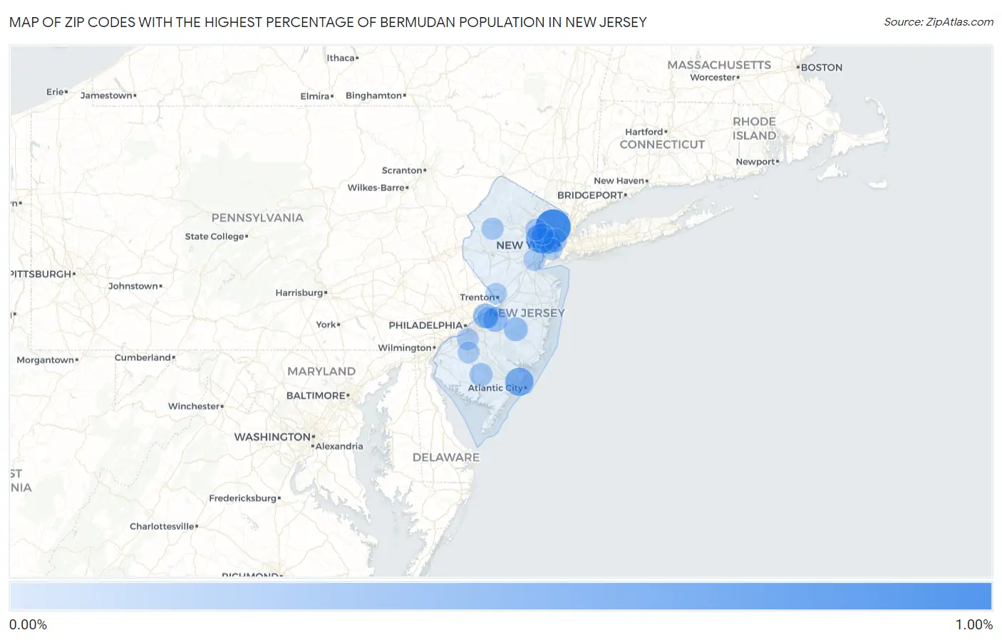 Zip Codes with the Highest Percentage of Bermudan Population in New Jersey Map