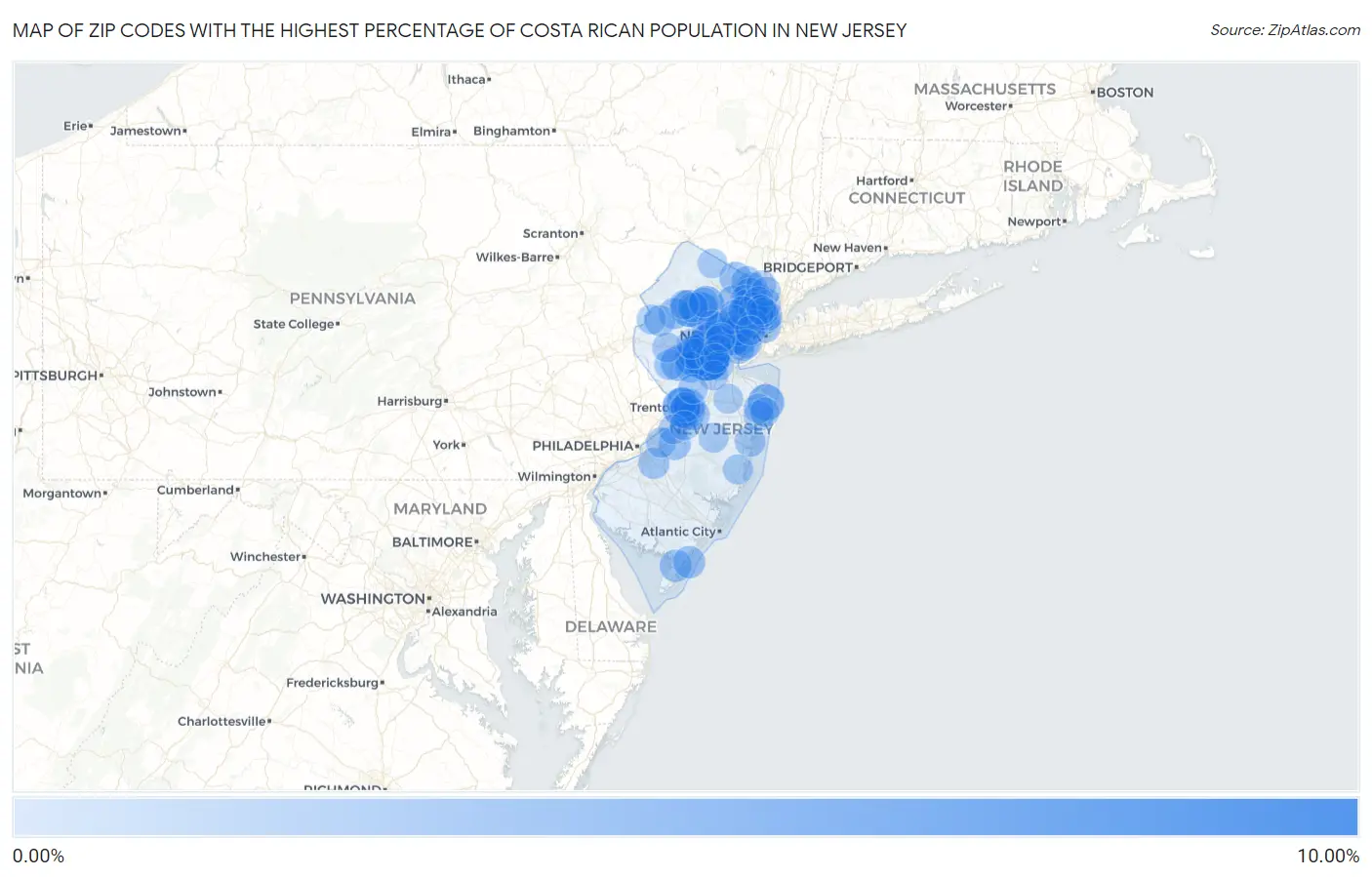 Zip Codes with the Highest Percentage of Costa Rican Population in New Jersey Map