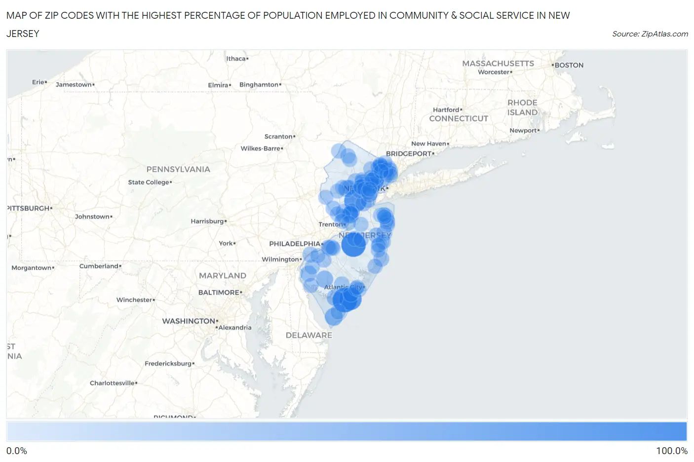 Zip Codes with the Highest Percentage of Population Employed in Community & Social Service  in New Jersey Map