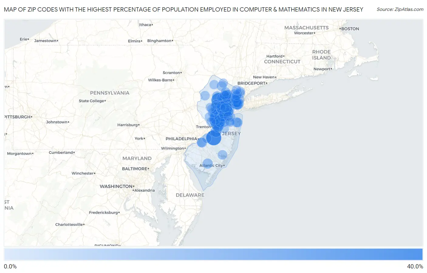 Zip Codes with the Highest Percentage of Population Employed in Computer & Mathematics in New Jersey Map