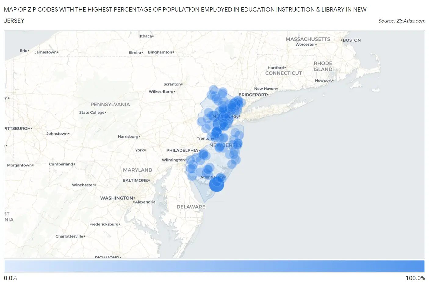 Zip Codes with the Highest Percentage of Population Employed in Education Instruction & Library in New Jersey Map