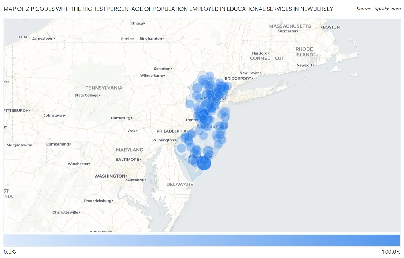 Zip Codes with the Highest Percentage of Population Employed in Educational Services in New Jersey Map
