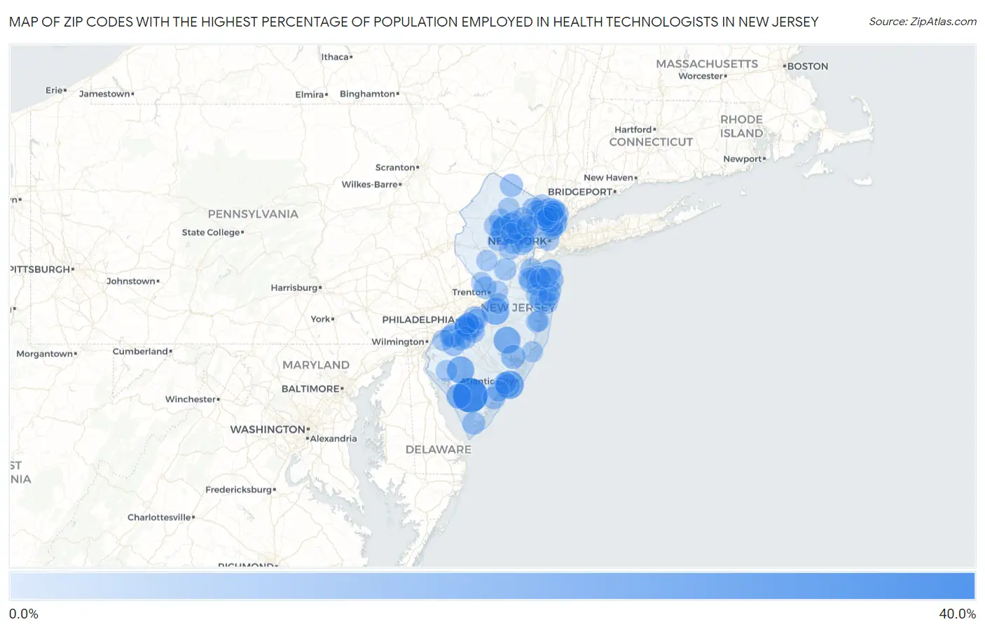 Zip Codes with the Highest Percentage of Population Employed in Health Technologists in New Jersey Map