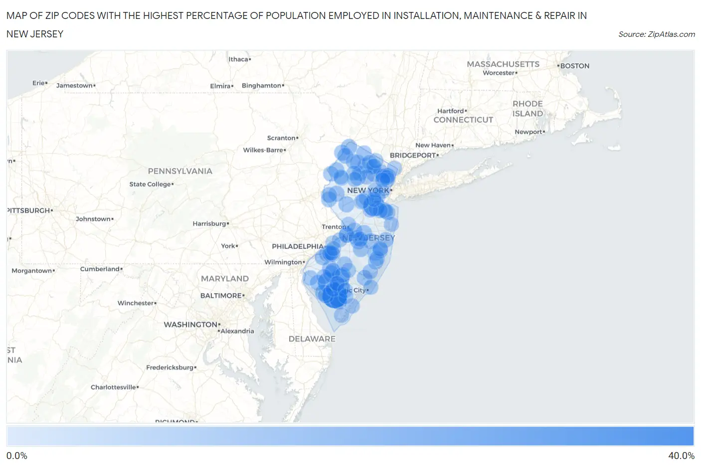 Zip Codes with the Highest Percentage of Population Employed in Installation, Maintenance & Repair in New Jersey Map