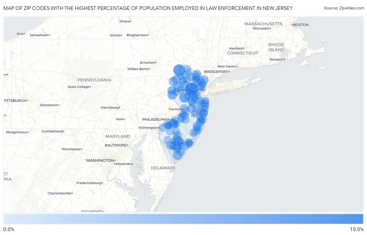 Zip Codes with the Highest Percentage of Population Employed in Law Enforcement in New Jersey Map