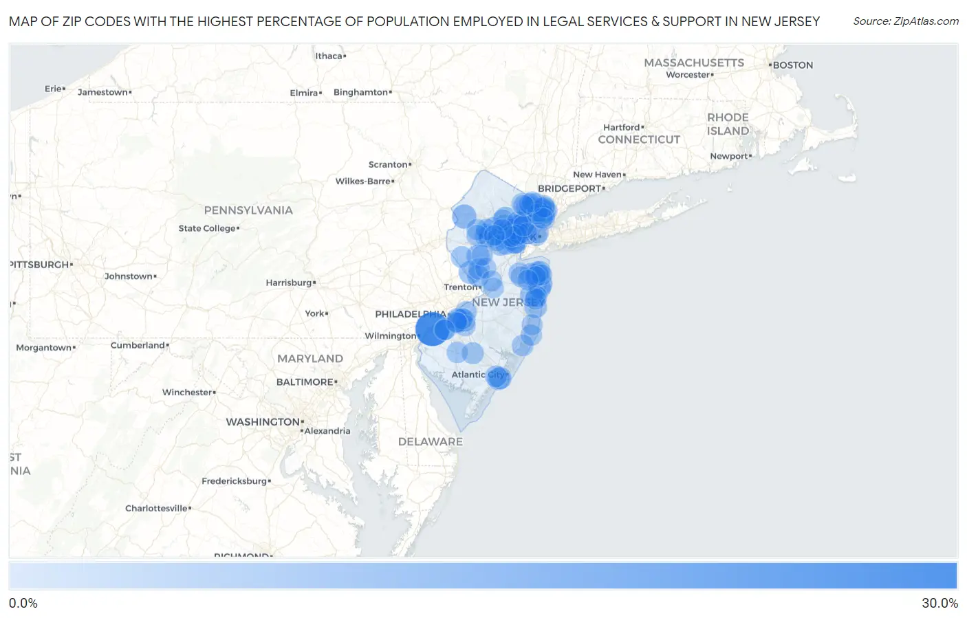 Zip Codes with the Highest Percentage of Population Employed in Legal Services & Support in New Jersey Map