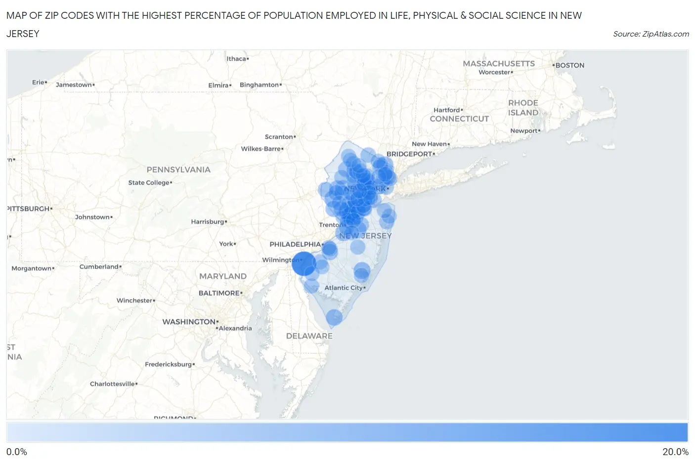 Zip Codes with the Highest Percentage of Population Employed in Life, Physical & Social Science in New Jersey Map
