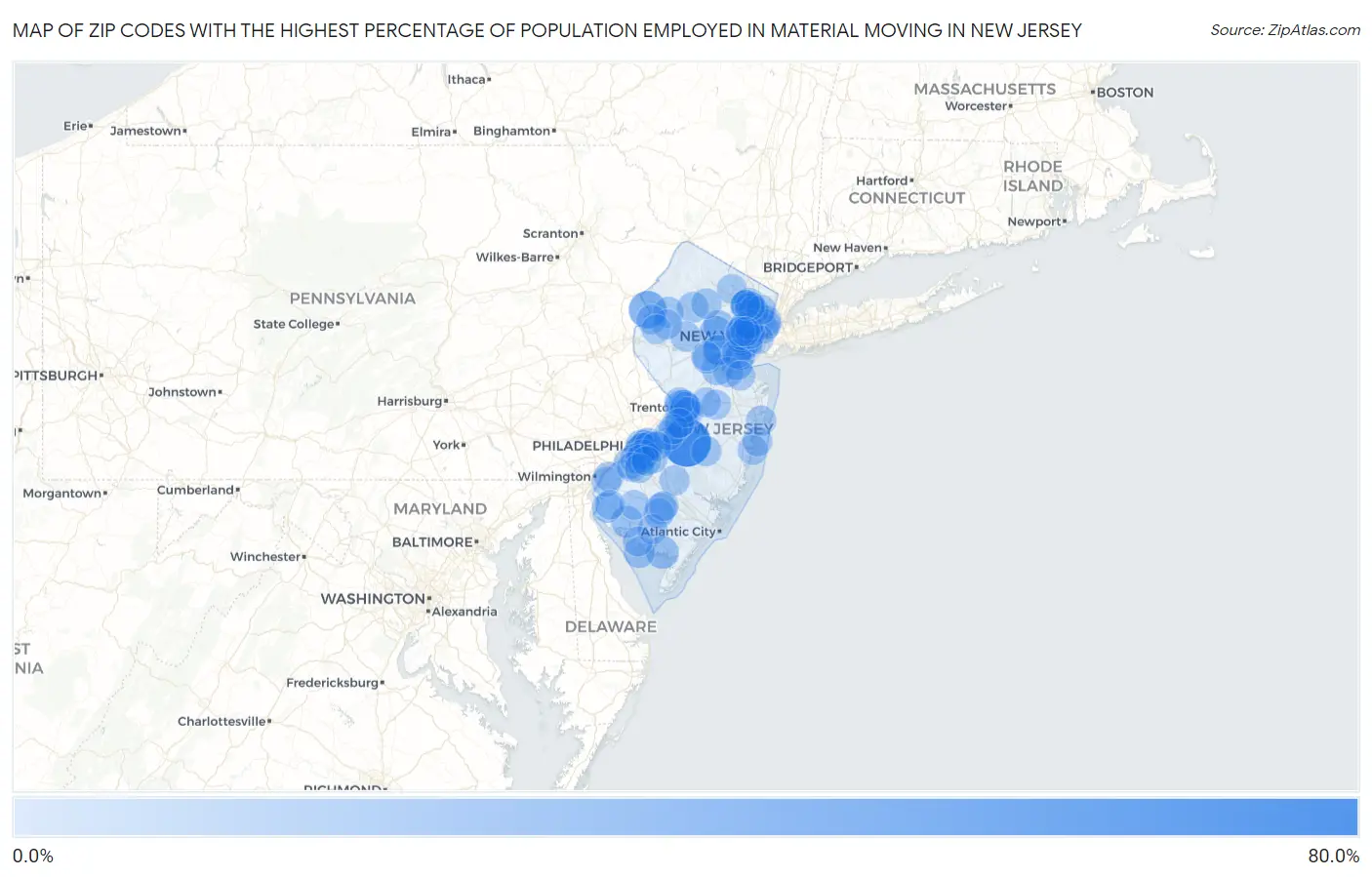 Zip Codes with the Highest Percentage of Population Employed in Material Moving in New Jersey Map