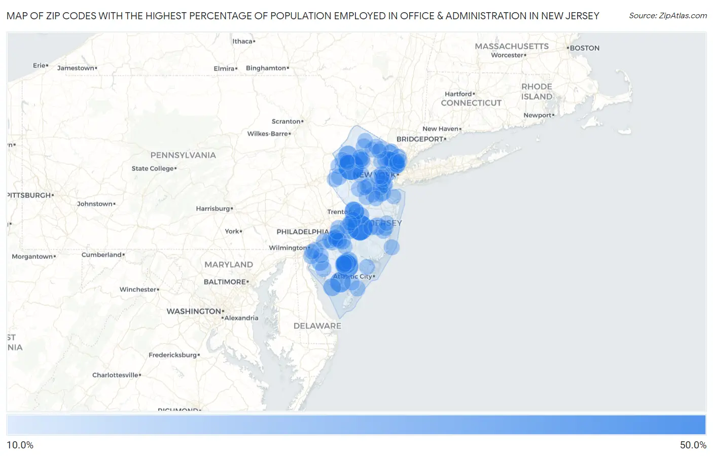 Zip Codes with the Highest Percentage of Population Employed in Office & Administration in New Jersey Map