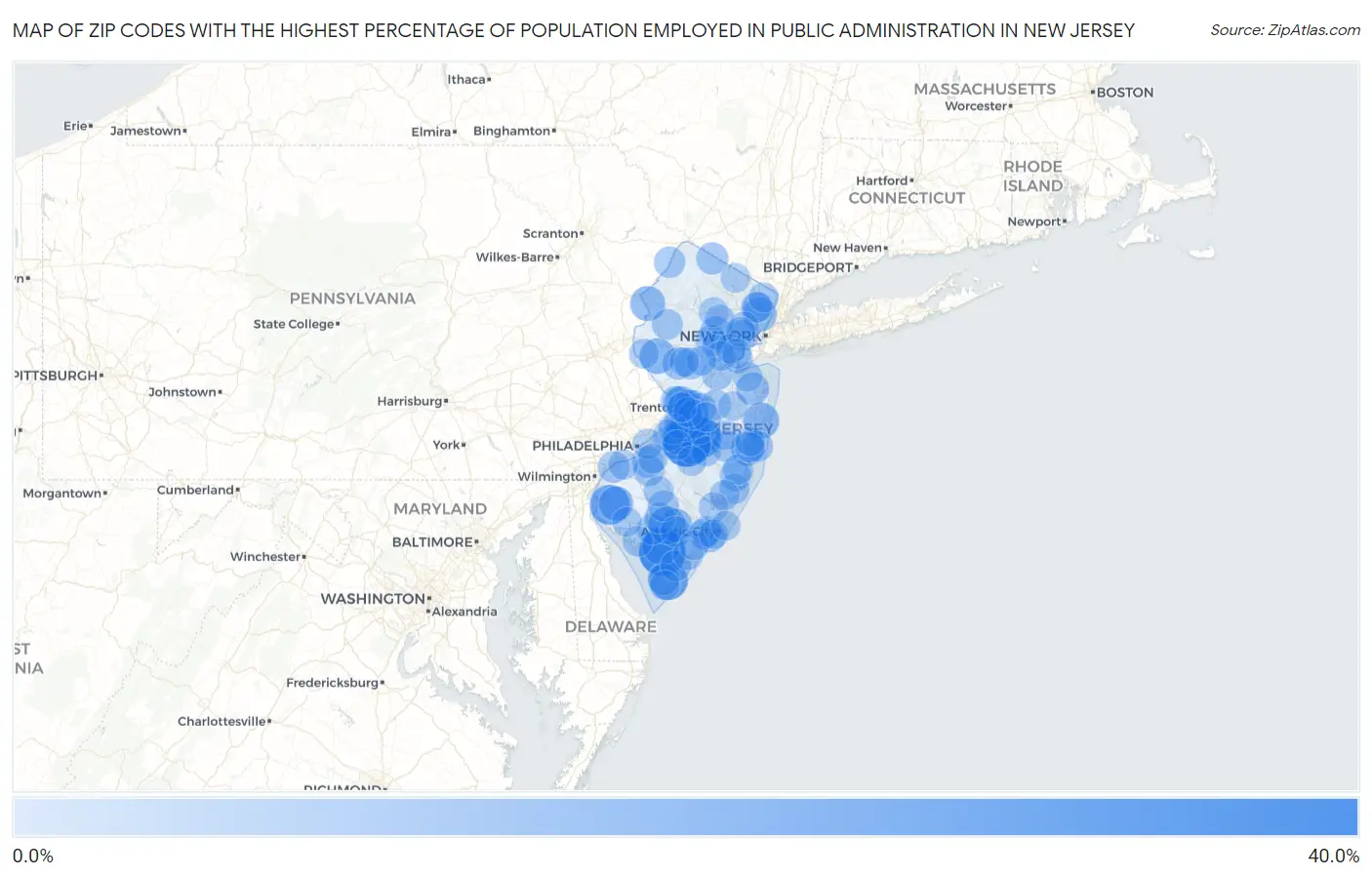 Zip Codes with the Highest Percentage of Population Employed in Public Administration in New Jersey Map