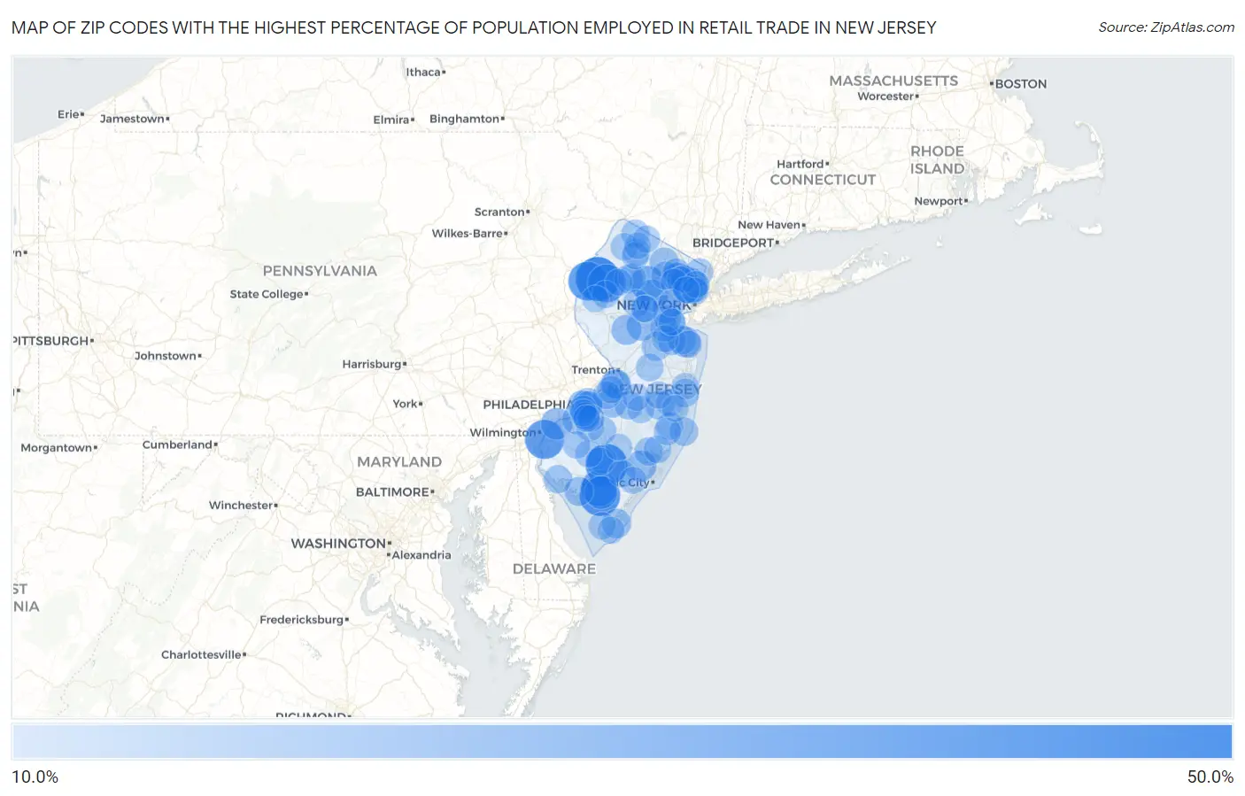 Zip Codes with the Highest Percentage of Population Employed in Retail Trade in New Jersey Map