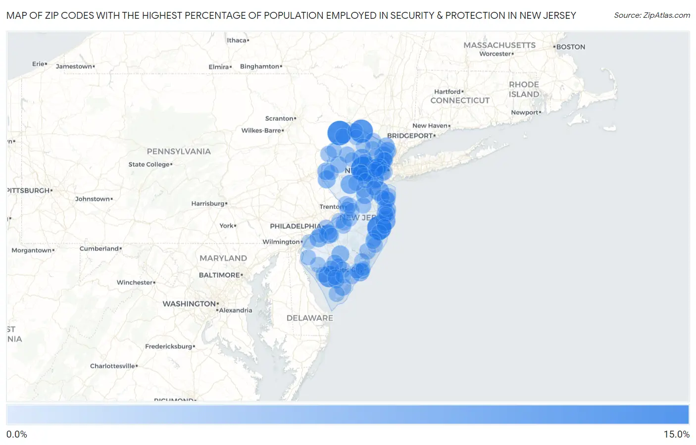 Zip Codes with the Highest Percentage of Population Employed in Security & Protection in New Jersey Map