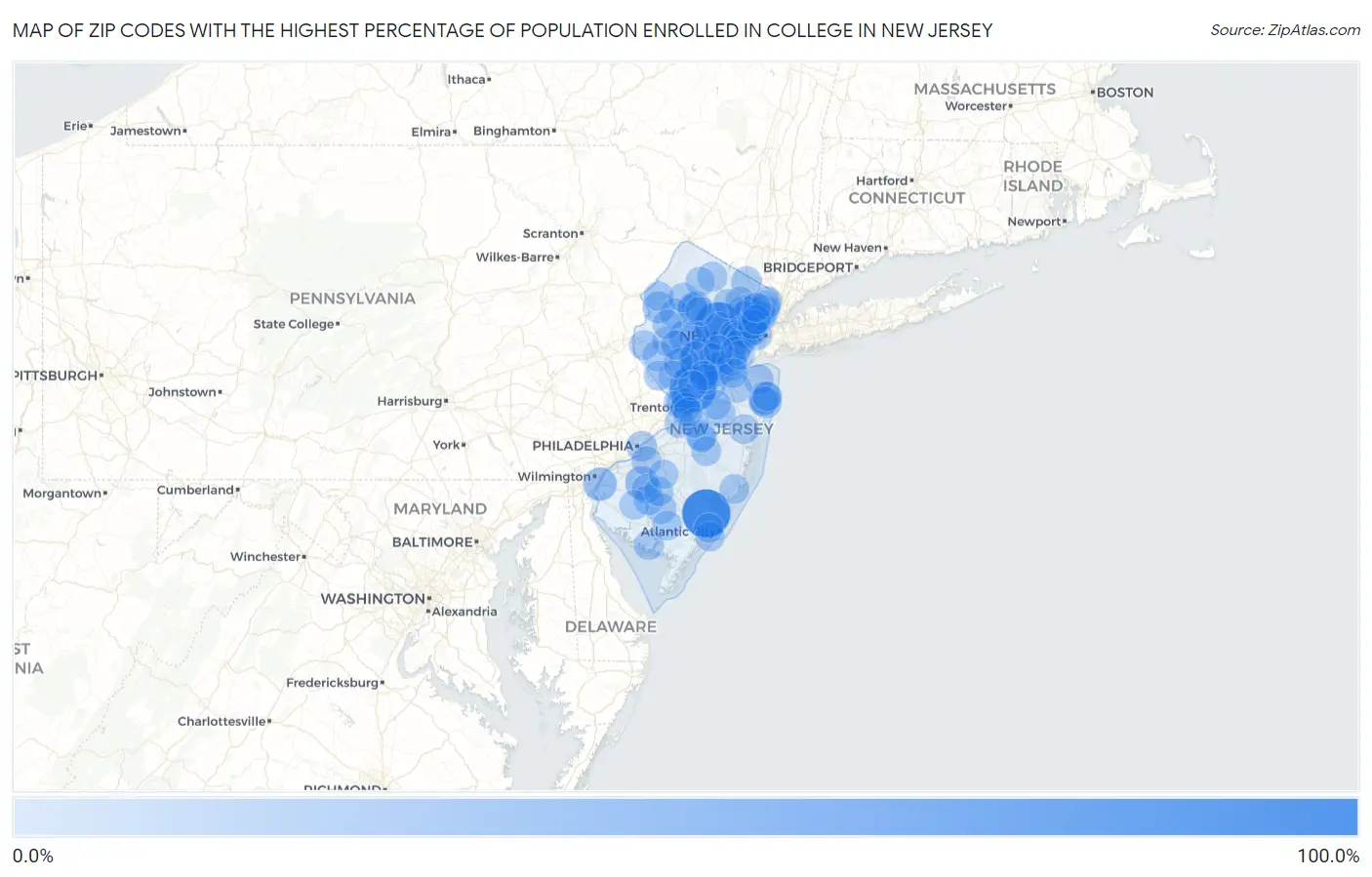 Zip Codes with the Highest Percentage of Population Enrolled in College in New Jersey Map