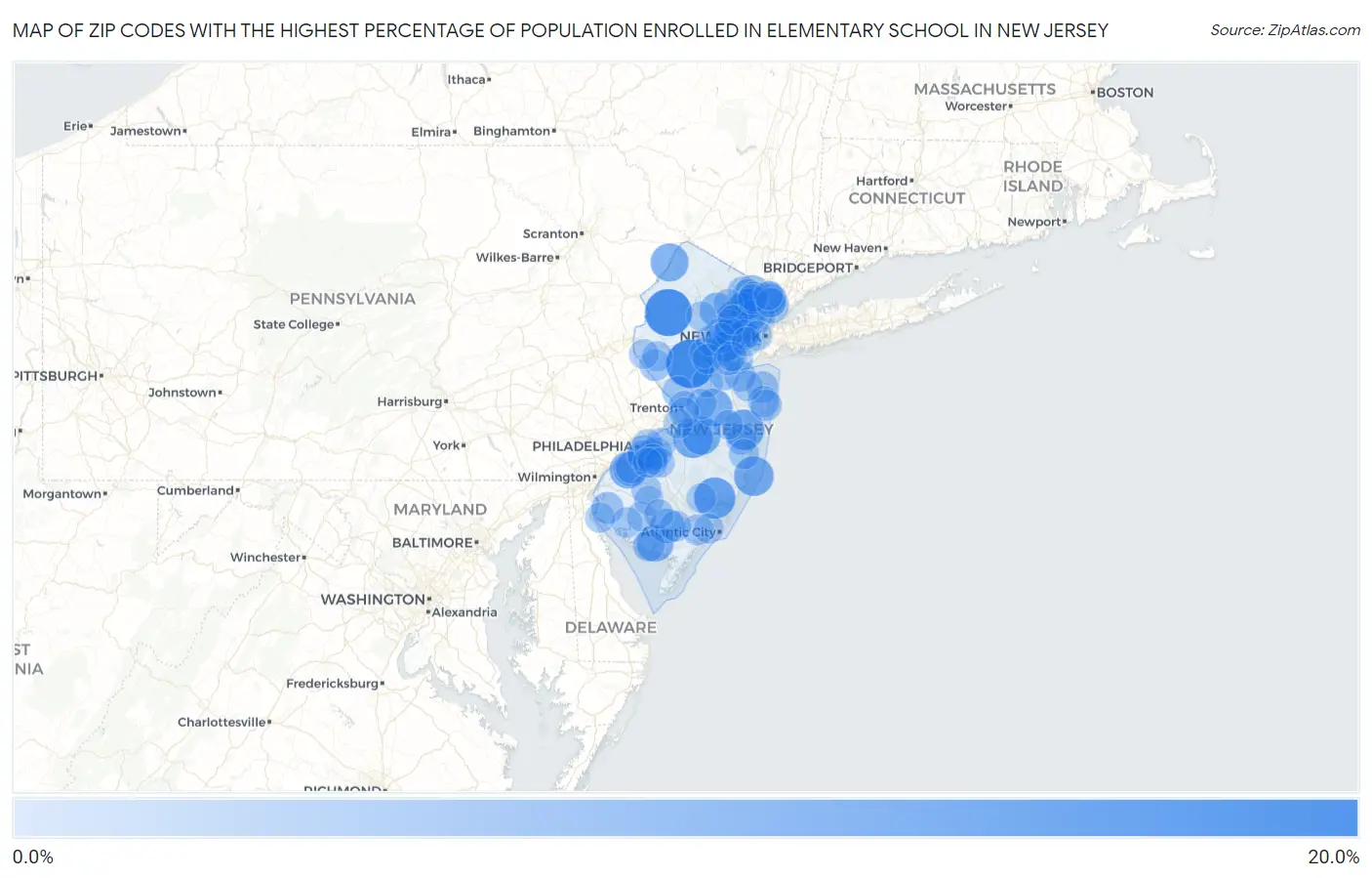 Zip Codes with the Highest Percentage of Population Enrolled in Elementary School in New Jersey Map